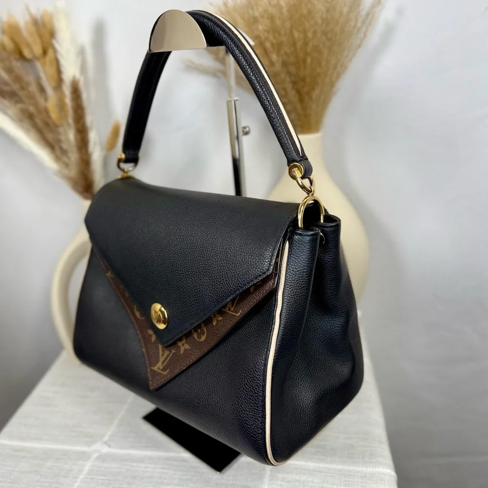 SOLD Louis Vuitton Black Calfskin & Brown Monogram Coated Canvas Double V Bag - Picture 4 of 17